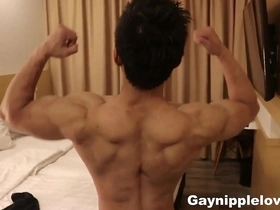 Steamy nipple teasing and muscle worship with an Asian hunk