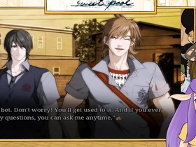 Monster girl and his lover in a hot pool scene in Yaoi game.