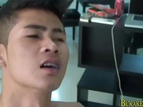 Asian twink gets a hot shower followed by gay sex with bukkake finish