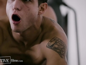A tattooed army hunk helps his shy friend to come out and have his first gay experience.