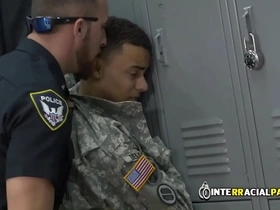 Fake soldier is taken to the locker room by hot gay officers