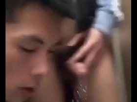 Tiny twinks pee in an Asian themed bathroom