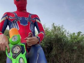 Young and amateur Spiderman enjoying Songkran Festival 2024 in Thailand
