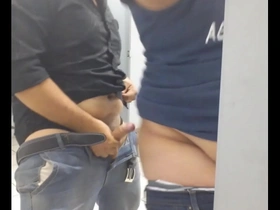 Public toilet gay sex scene with cum shot and bareback action