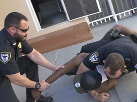 Uniformed officers from GAY PATROL apprehend a black suspect, they are not joking around.