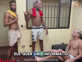 Two black men with large penises have sex with a white man who is a virgin in the ass without the use of a condom.