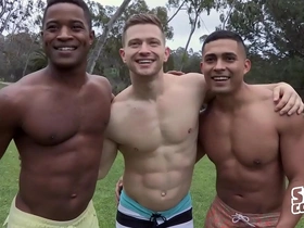 Muscular men Landon, Deacon, and Asher in a gay movie on Sean Cody.