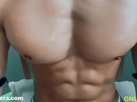 Young and fit Asian man gets muscle worship and nipple teasing.